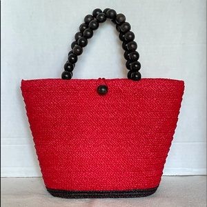 Majunga Straw Woven Red Handbag with Black Beads Handles